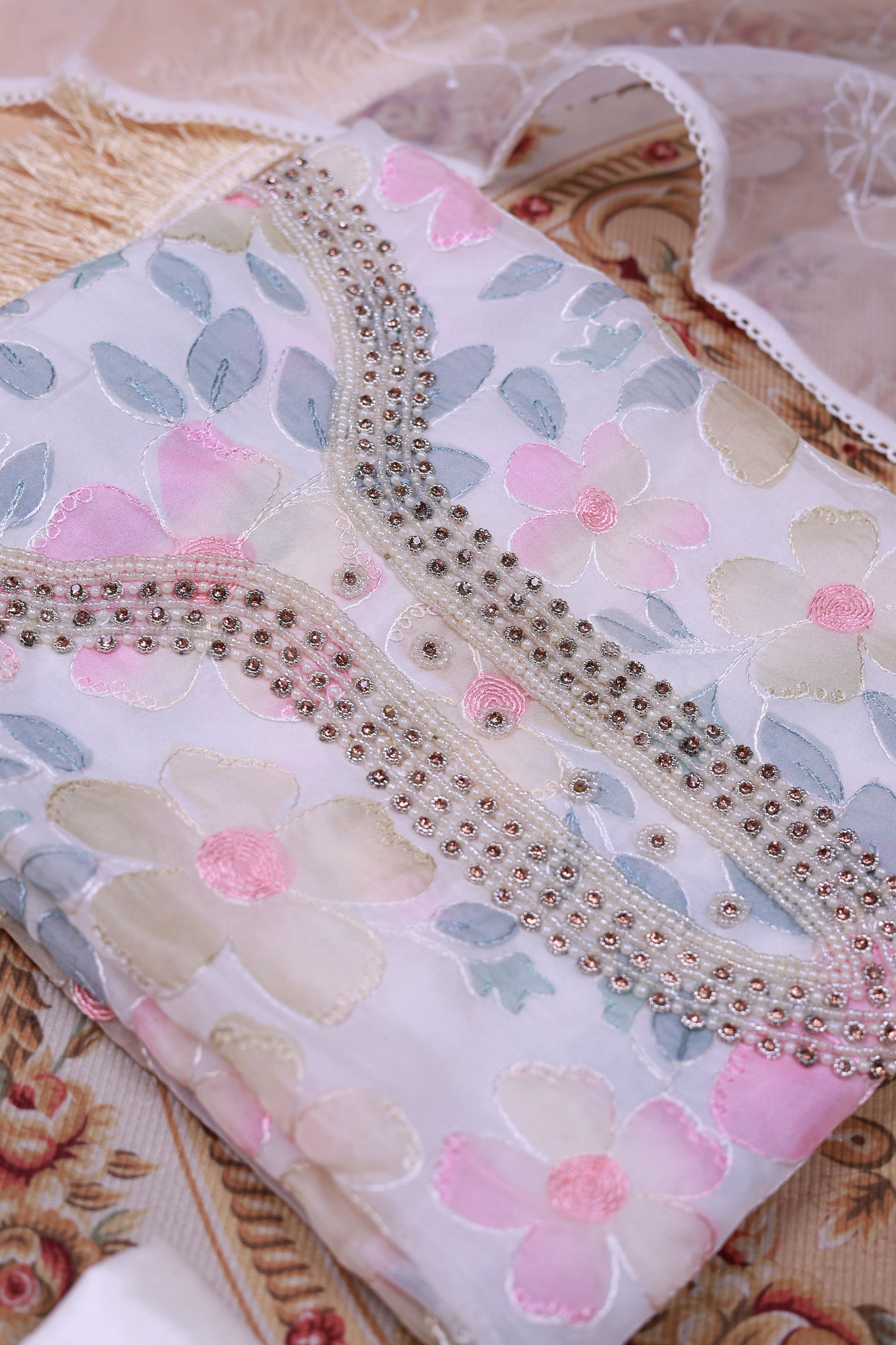 Women's Floral Embroidered Salwar Suit Material with Beaded Neckline and Net Dupatta, Light Yellow