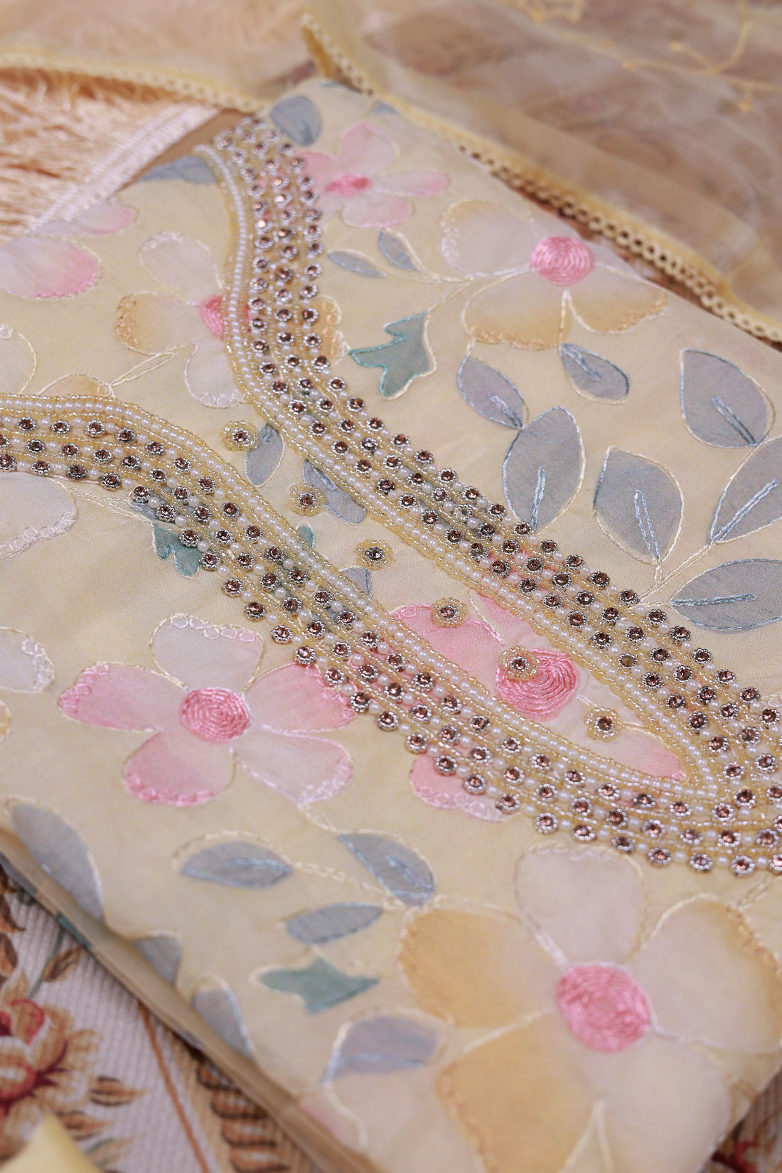 Women's Floral Embroidered Salwar Suit Material with Beaded Neckline and Net Dupatta - Yellow