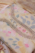 Women's Floral Embroidered Salwar Suit Material with Beaded Neckline and Net Dupatta, Yellow