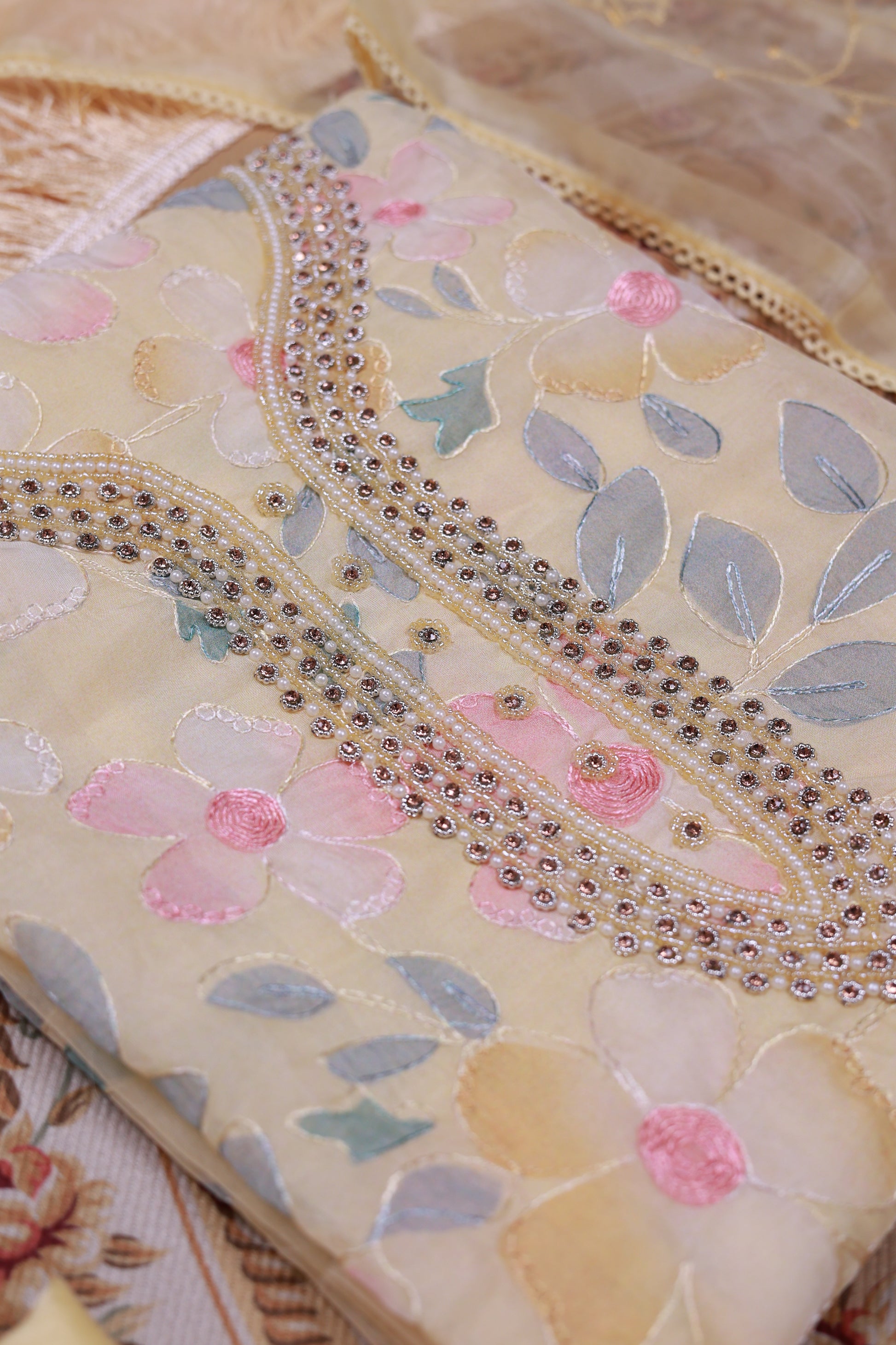 Women's Floral Embroidered Salwar Suit Material with Beaded Neckline and Net Dupatta, Yellow
