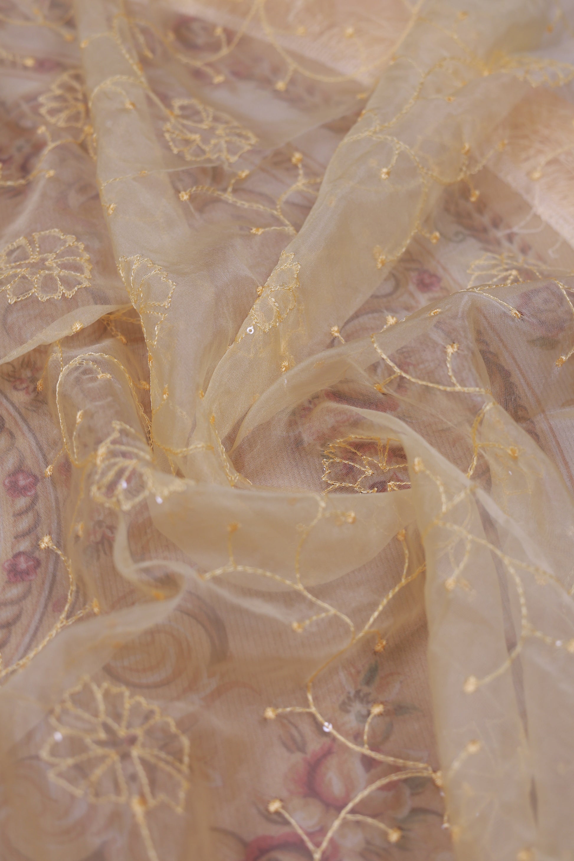 Women's Floral Embroidered Salwar Suit Material with Beaded Neckline and Net Dupatta, Yellow
