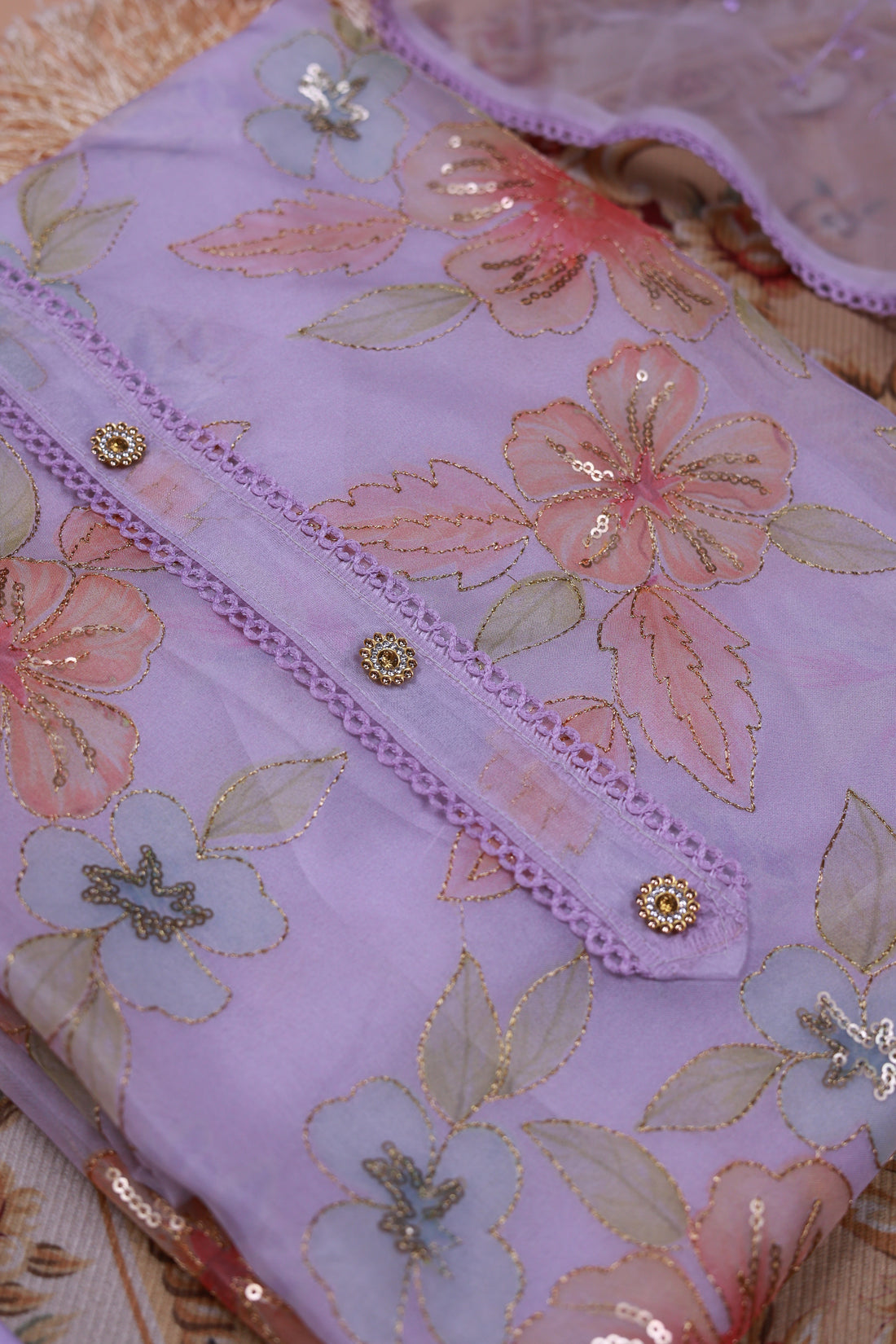 Women's Floral Embroidered Salwar Suit Material with Beaded Neckline and Net Dupatta - Purple