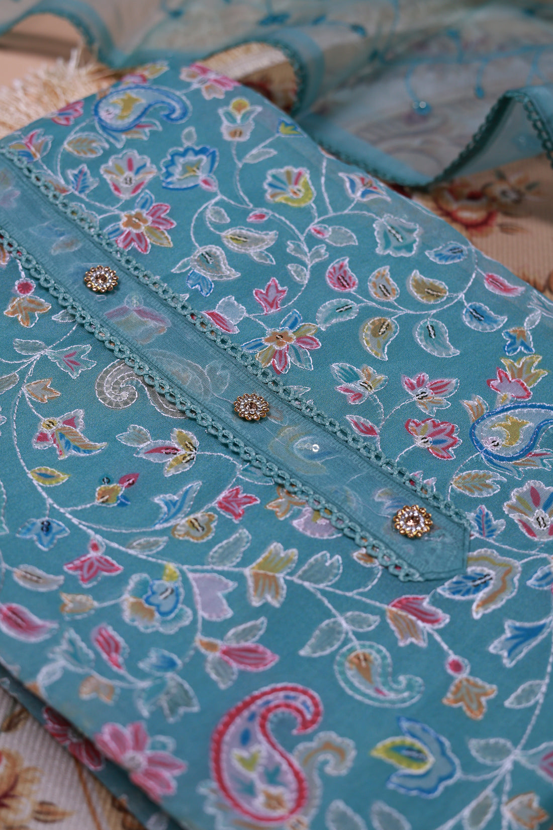 Women's Floral Embroidered Salwar Suit Material with Beaded Neckline and Net Dupatta - Teal