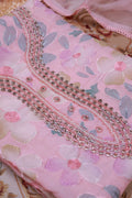 Women's Floral Embroidered Salwar Suit Material with Beaded Neckline and Net Dupatta, Pink