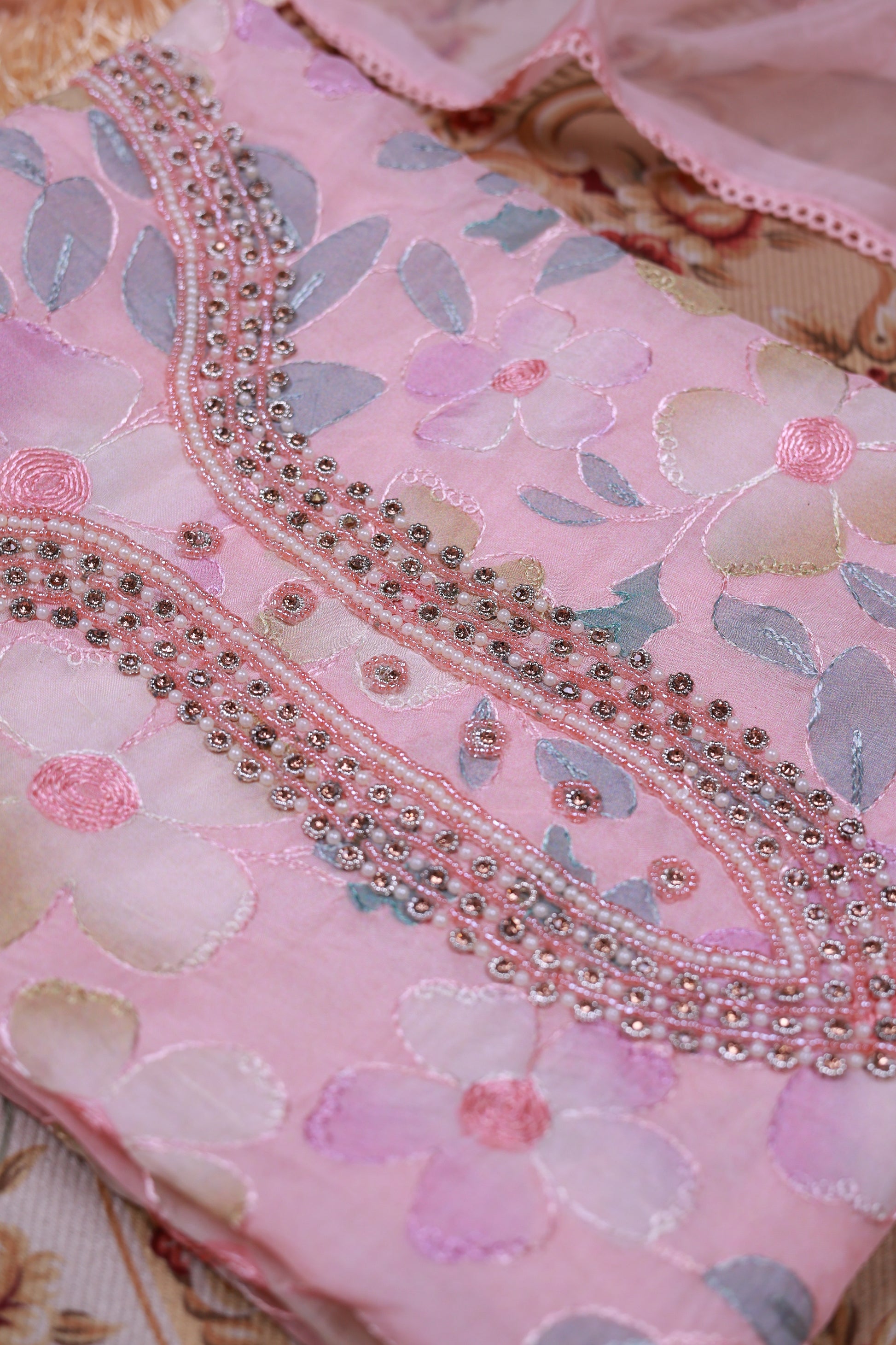 Women's Floral Embroidered Salwar Suit Material with Beaded Neckline and Net Dupatta, Pink