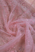 Women's Floral Embroidered Salwar Suit Material with Beaded Neckline and Net Dupatta, Pink
