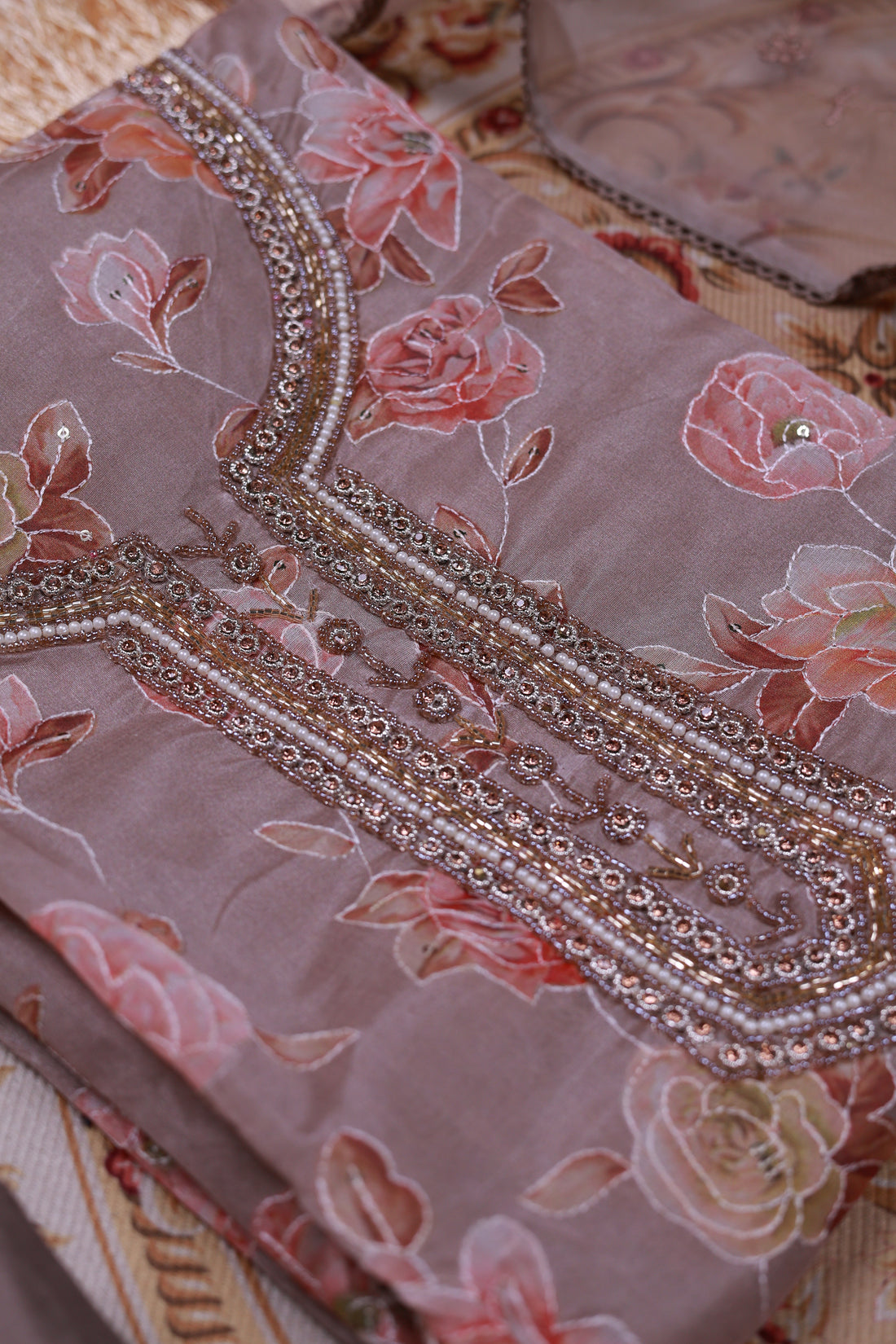 Women's Floral Embroidered Salwar Suit Material with Beaded Neckline and Net Dupatta - Light Brown