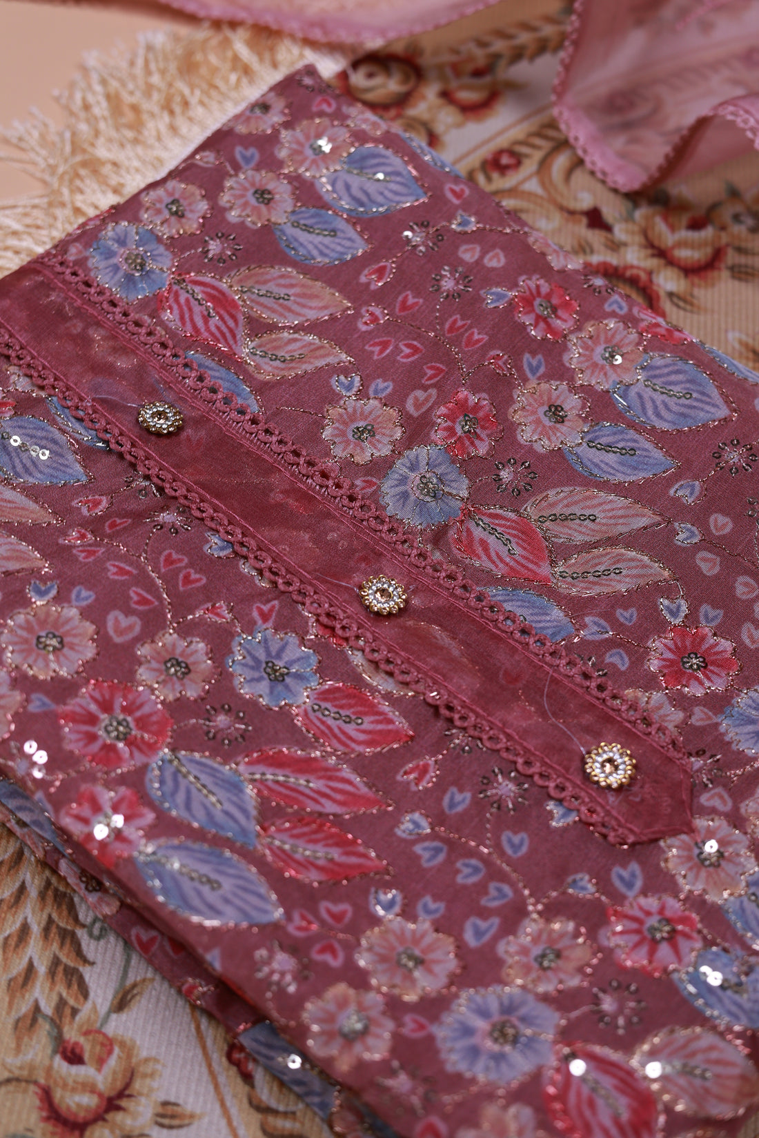 Women's Floral Embroidered Salwar Suit Material with Beaded Neckline and Net Dupatta - Purple