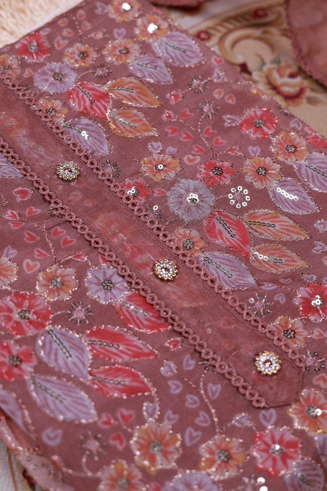 Women's Floral Embroidered Salwar Suit Material with Beaded Neckline and Net Dupatta - Brown