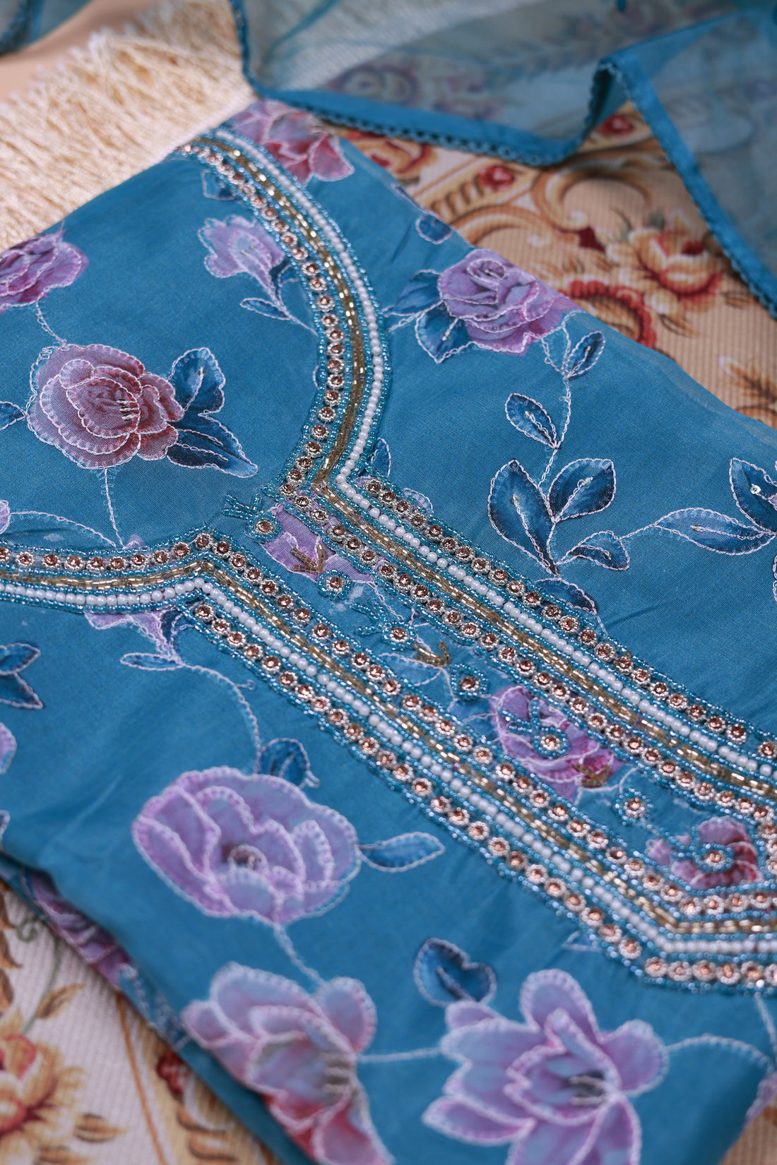 Women's Floral Embroidered Salwar Suit Material with Beaded Neckline and Net Dupatta - Blue