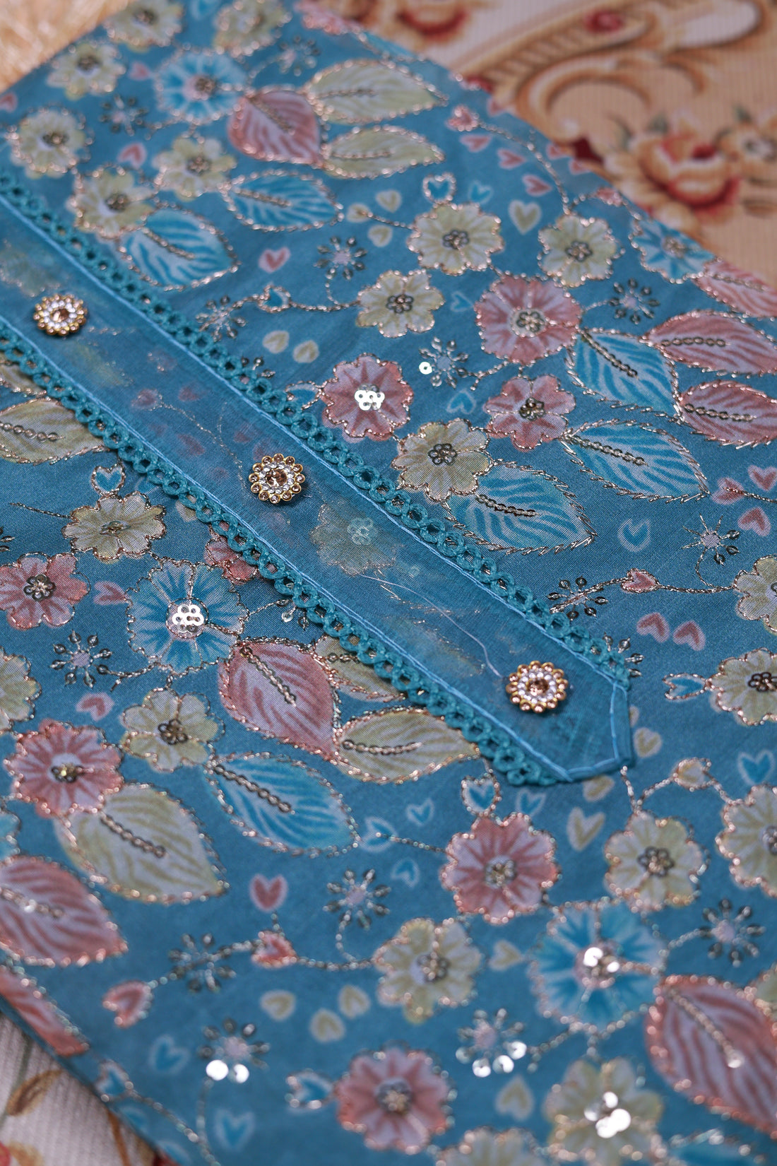 Women's Elegant Floral Embroidered Churidar Set with Sheer Dupatta - Blue