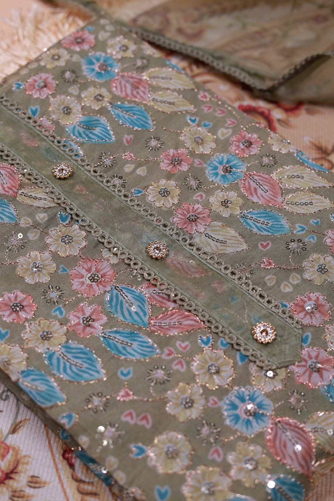 Women's Elegant Embroidered Salwar Suit Material with Dupatta - Green