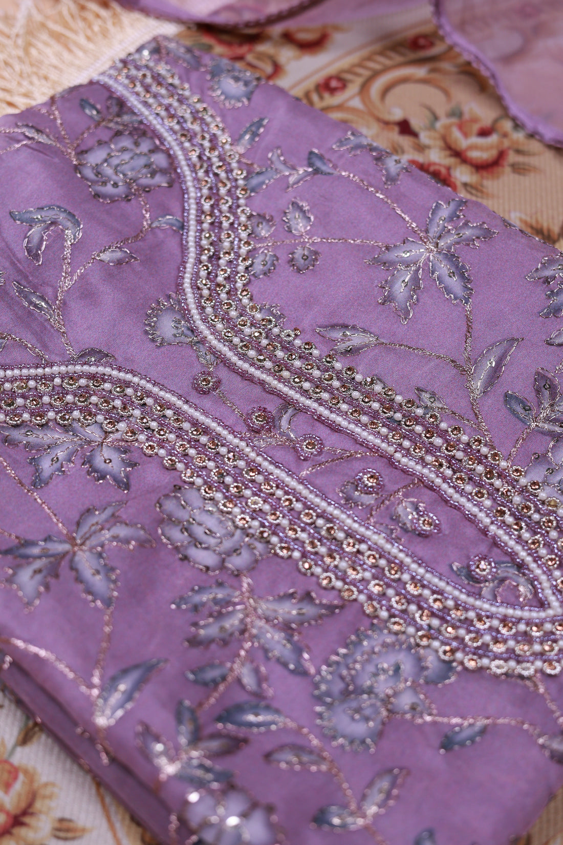 Women's Floral Embroidered Salwar Suit Material with Beaded Neckline and Net Dupatta - Lavender