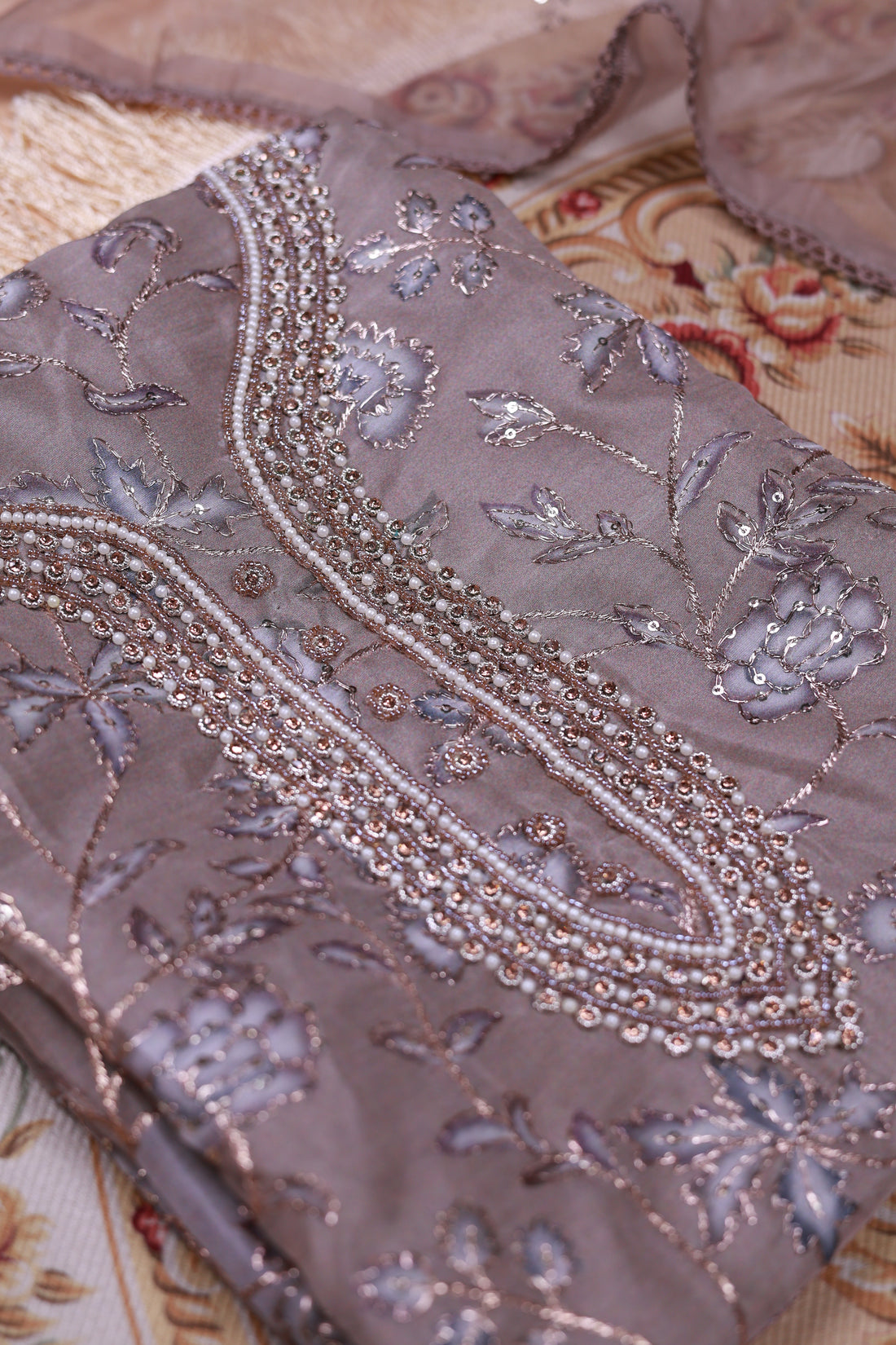 Women's Floral Embroidered Salwar Suit Material with Beaded Neckline and Net Dupatta - Grey