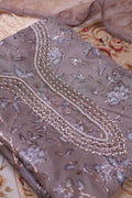 Women's Floral Embroidered Salwar Suit Material with Beaded Neckline and Net Dupatta, Brown