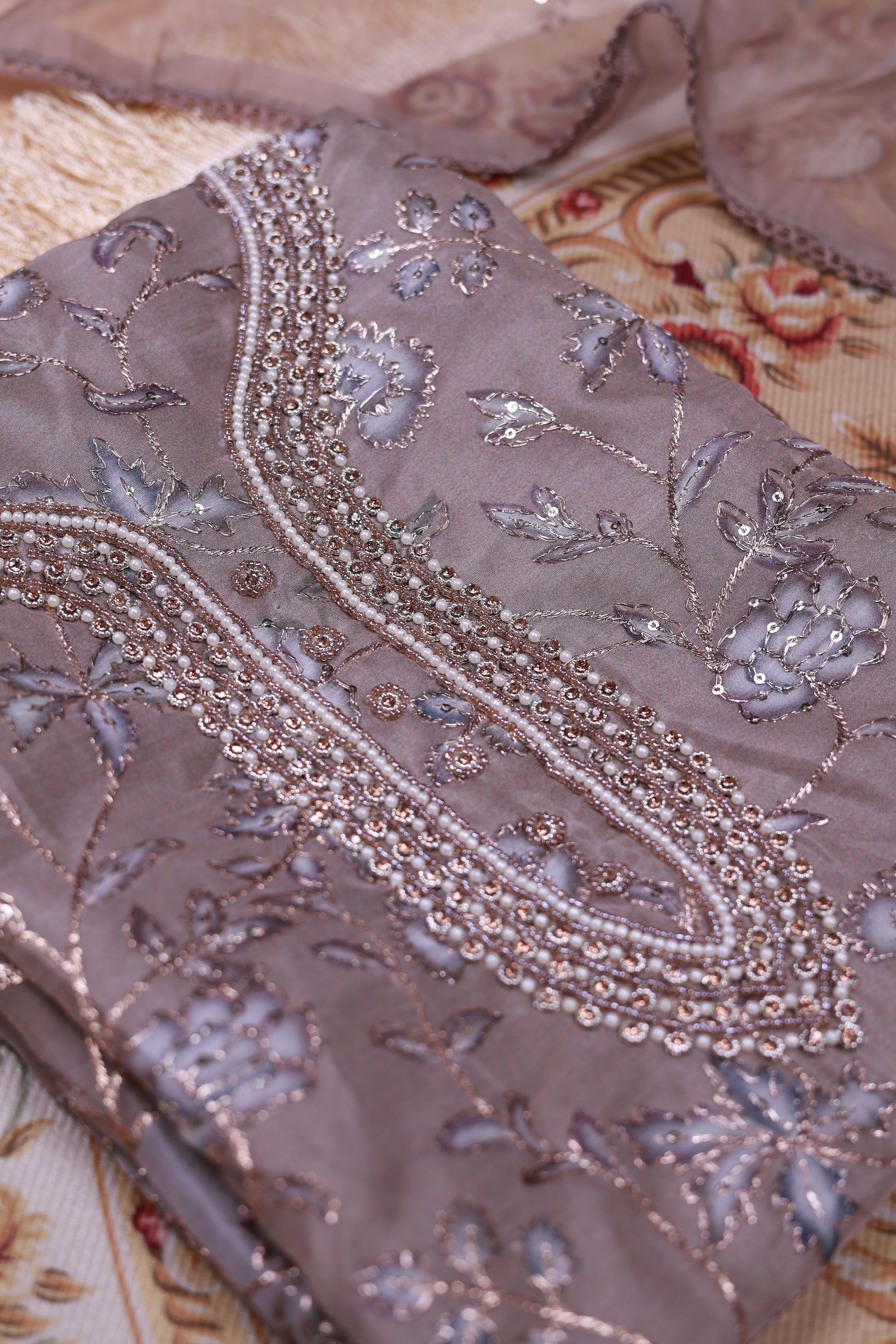 Women's Floral Embroidered Salwar Suit Material with Beaded Neckline and Net Dupatta, Brown