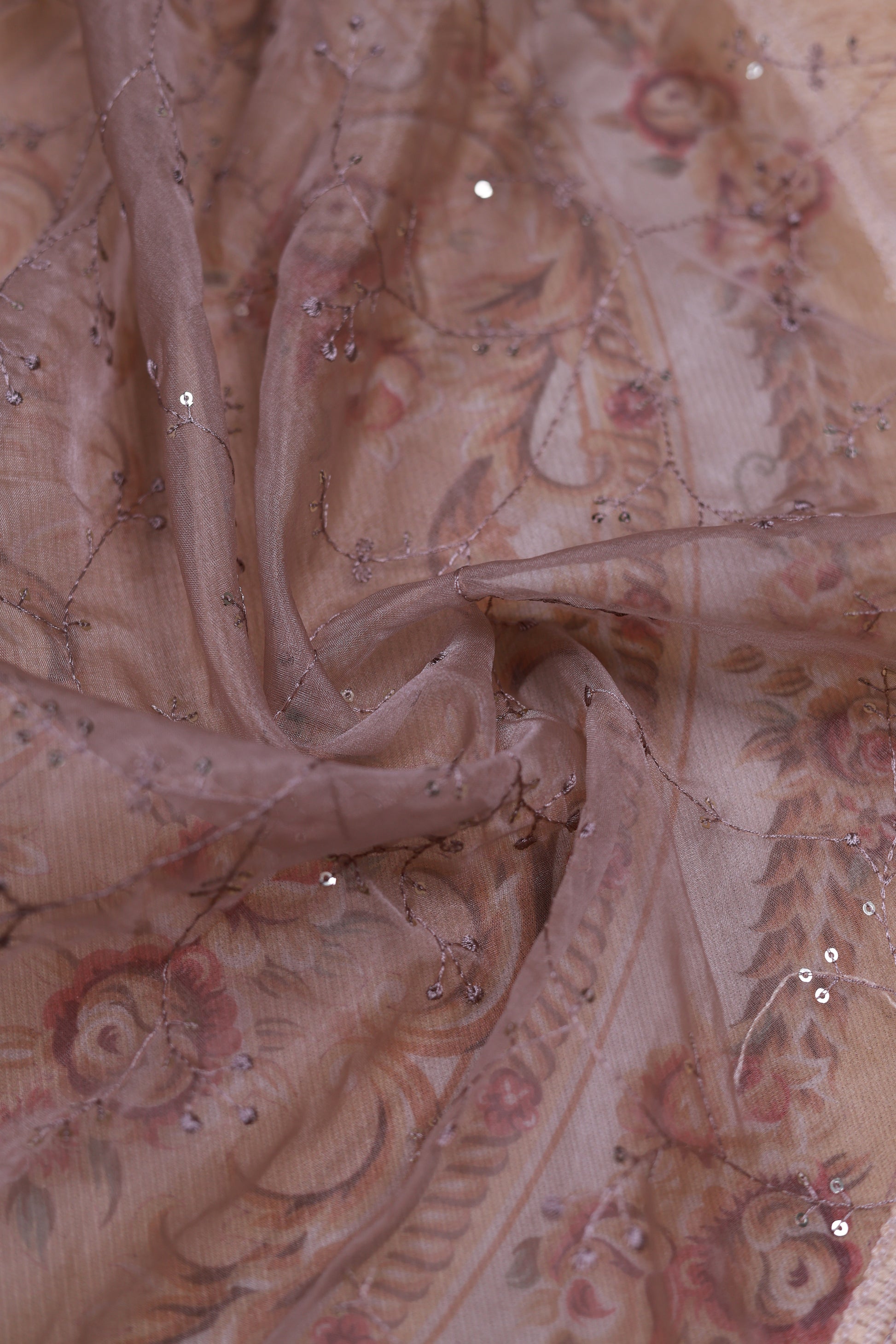 Women's Floral Embroidered Salwar Suit Material with Beaded Neckline and Net Dupatta, Brown