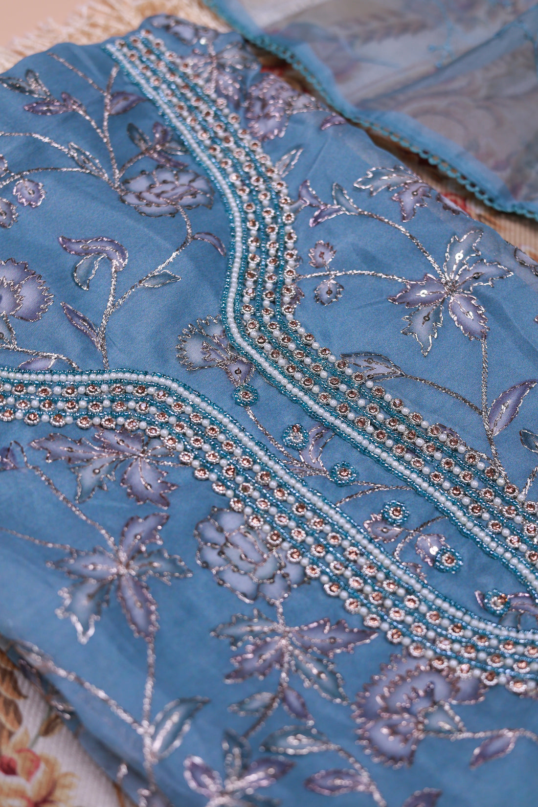 Women's Floral Embroidered Salwar Suit Material with Beaded Neckline and Net Dupatta - Blue