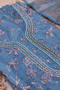 Women's Floral Embroidered Salwar Suit Material with Beaded Neckline and Net Dupatta, Aqua Blue