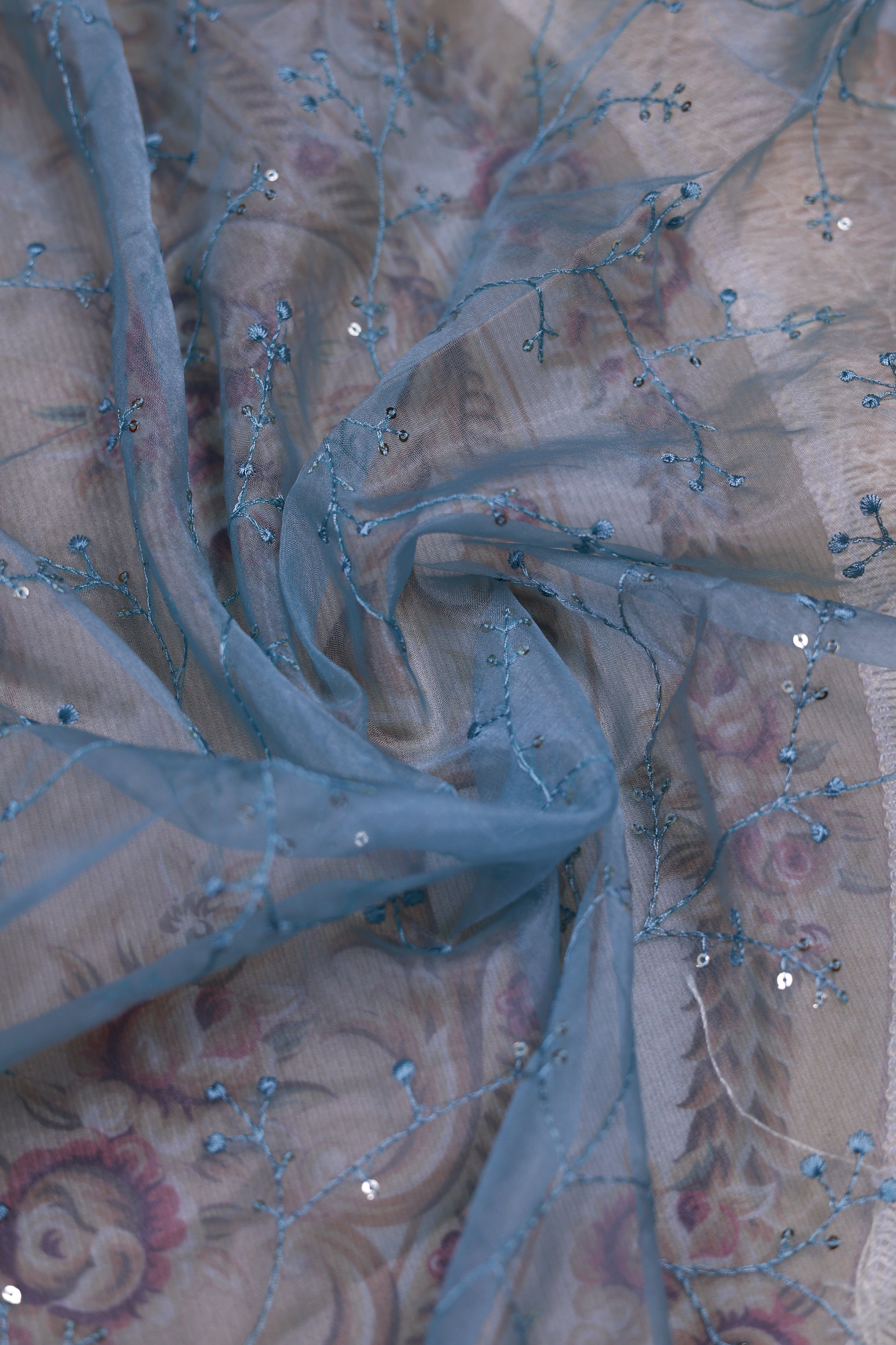 Women's Floral Embroidered Salwar Suit Material with Beaded Neckline and Net Dupatta, Aqua Blue