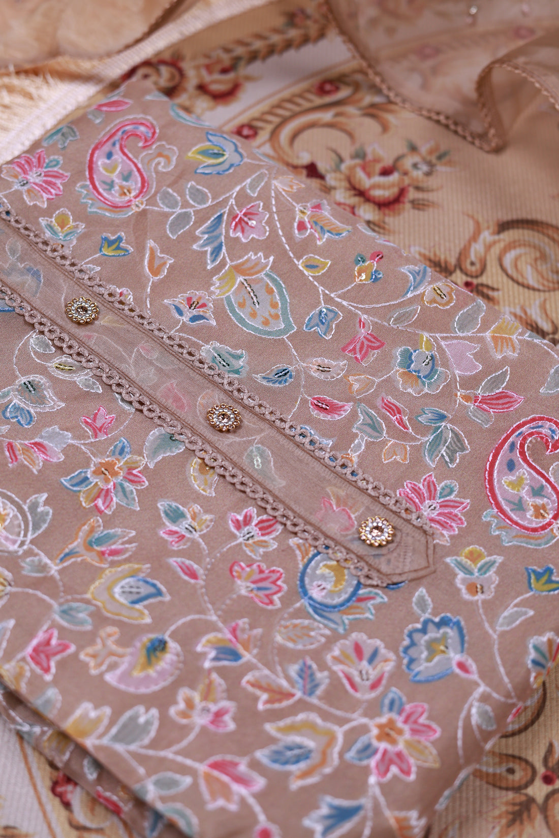 Women's Floral Embroidered Salwar Suit Material with Beaded Neckline and Net Dupatta - Brown