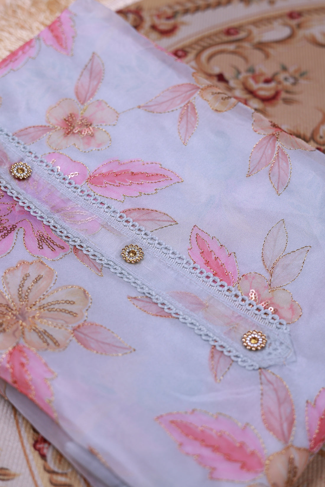 Women's Floral Embroidered Salwar Suit Material with Beaded Neckline and Net Dupatta - Blue