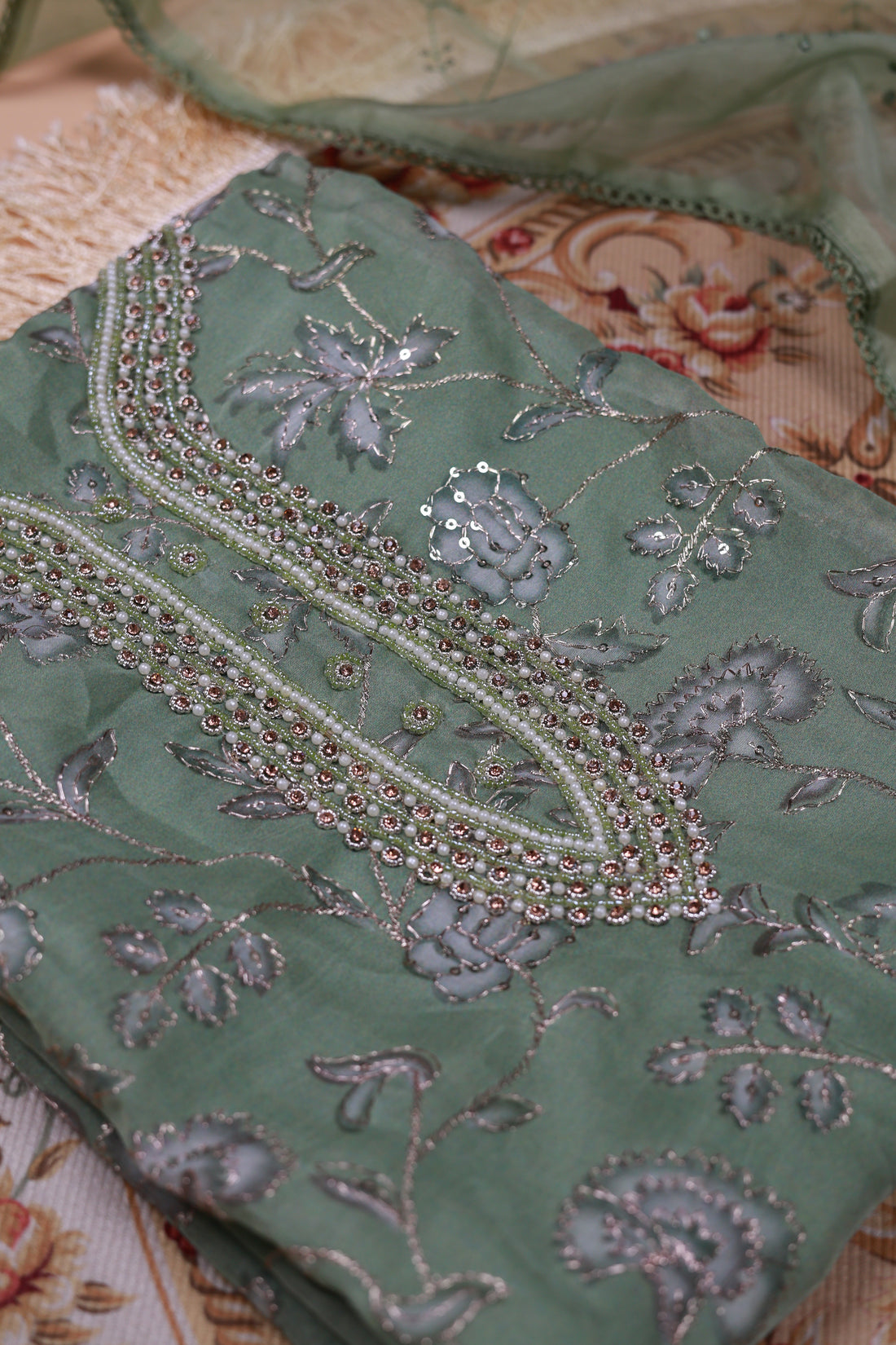 Women's Floral Embroidered Salwar Suit Material with Beaded Neckline and Net Dupatta - Green