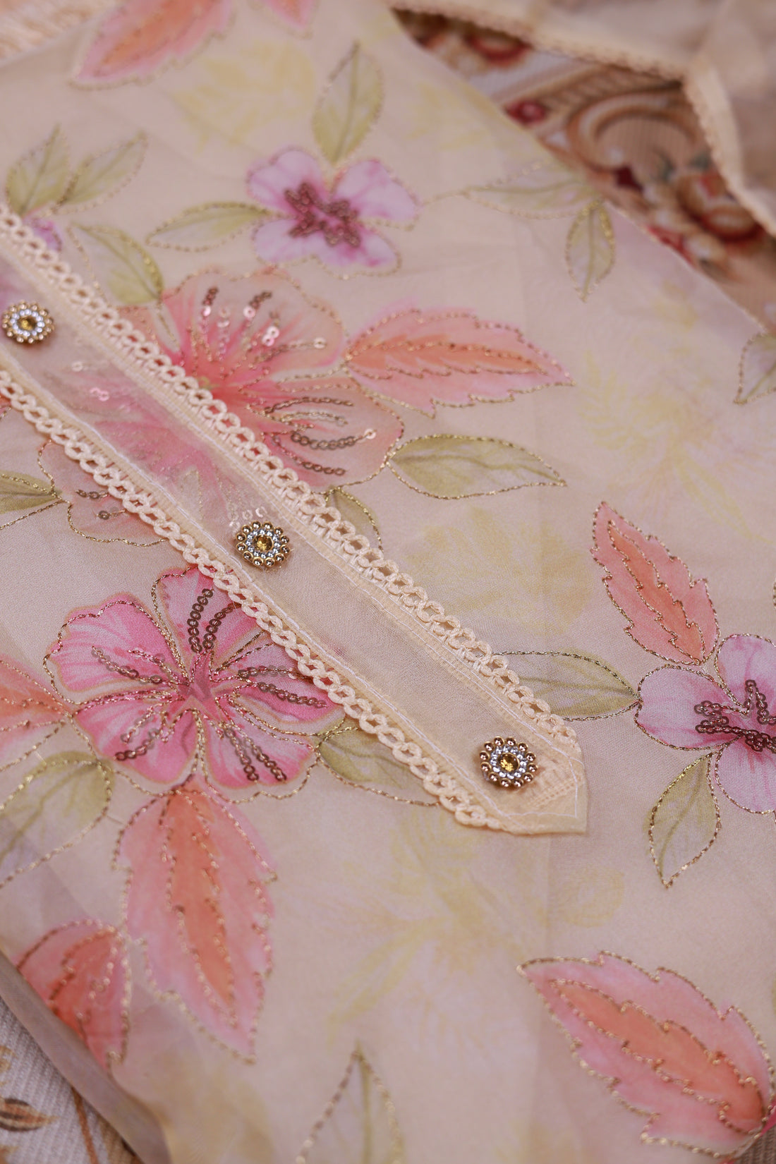 Women's Floral Embroidered Salwar Suit Material with Beaded Neckline and Net Dupatta - Cream