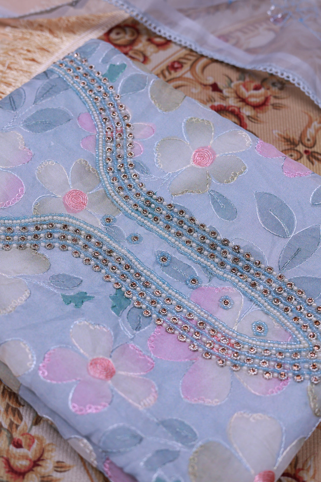 Women's Floral Embroidered Salwar Suit Material with Beaded Neckline and Net Dupatta - Blue