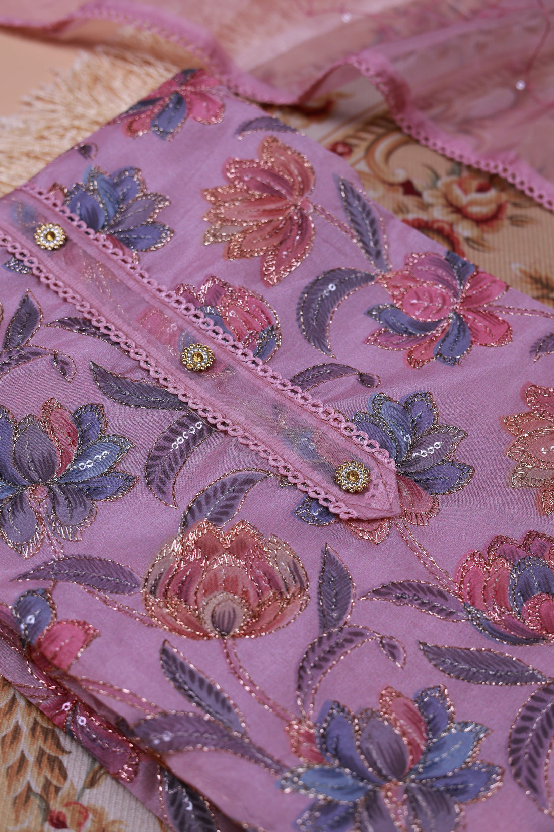 Women's Floral Embroidered Salwar Suit Material with Beaded Neckline and Net Dupatta - Pink