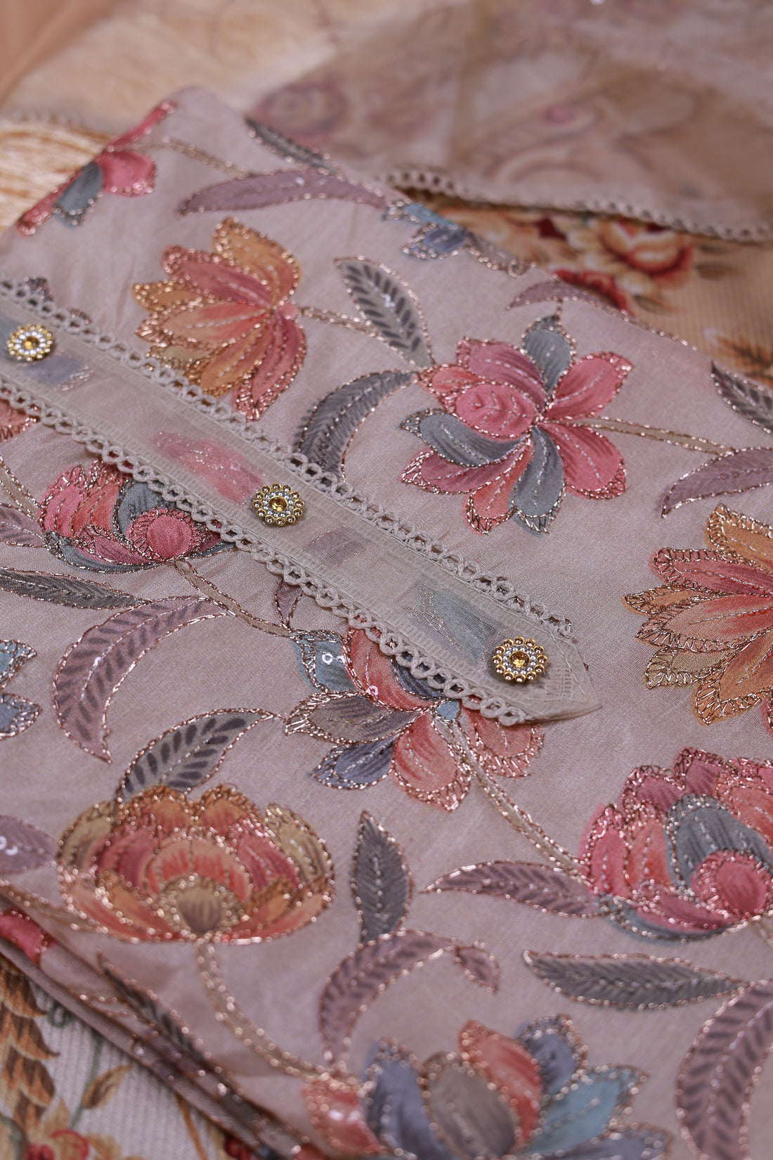 Women's Floral Embroidered Salwar Suit Material with Beaded Neckline and Net Dupatta - Brown