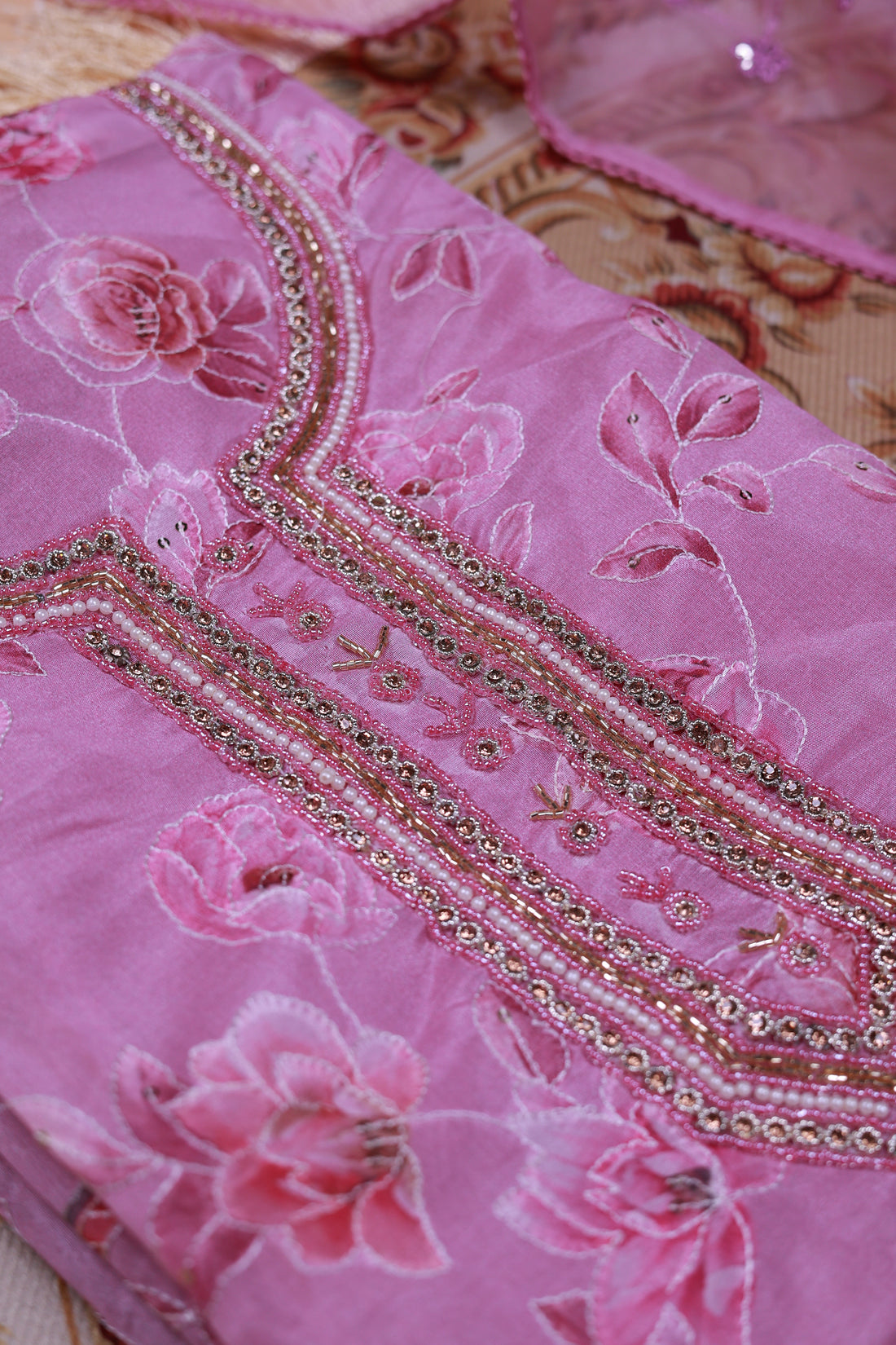 Women's Floral Embroidered Salwar Suit Material with Beaded Neckline and Net Dupatta - Pink