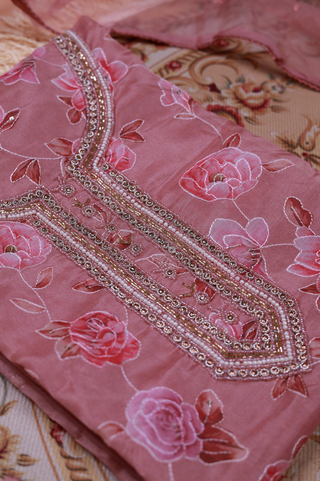 Women's Floral Embroidered Salwar Suit Material with Beaded Neckline and Net Dupatta - Brown