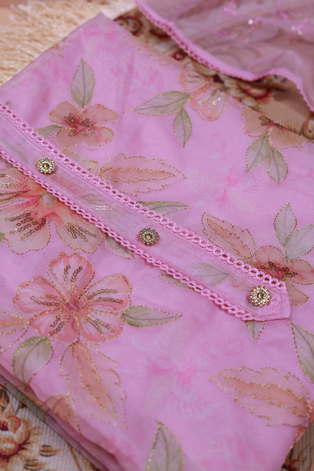 Women's Floral Embroidered Salwar Suit Material with Beaded Neckline and Net Dupatta - Pink