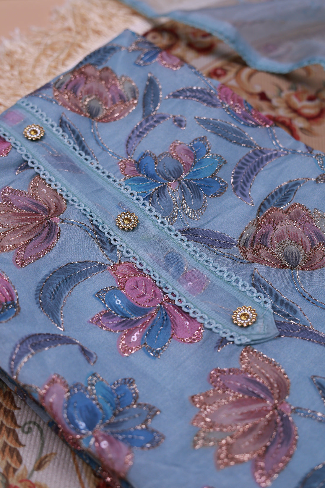 Women's Floral Embroidered Salwar Suit Material with Beaded Neckline and Net Dupatta - Teal