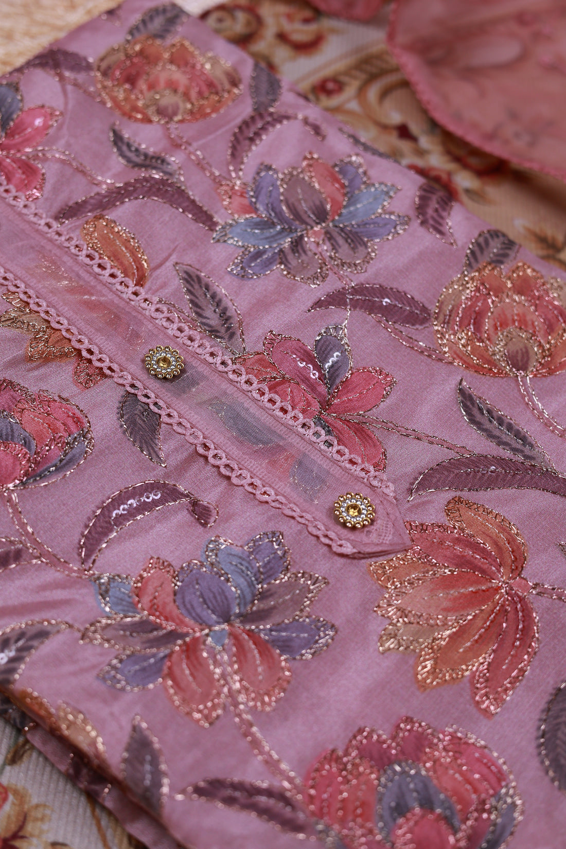 Women's Floral Embroidered Salwar Suit Material with Beaded Neckline and Net Dupatta - Pink