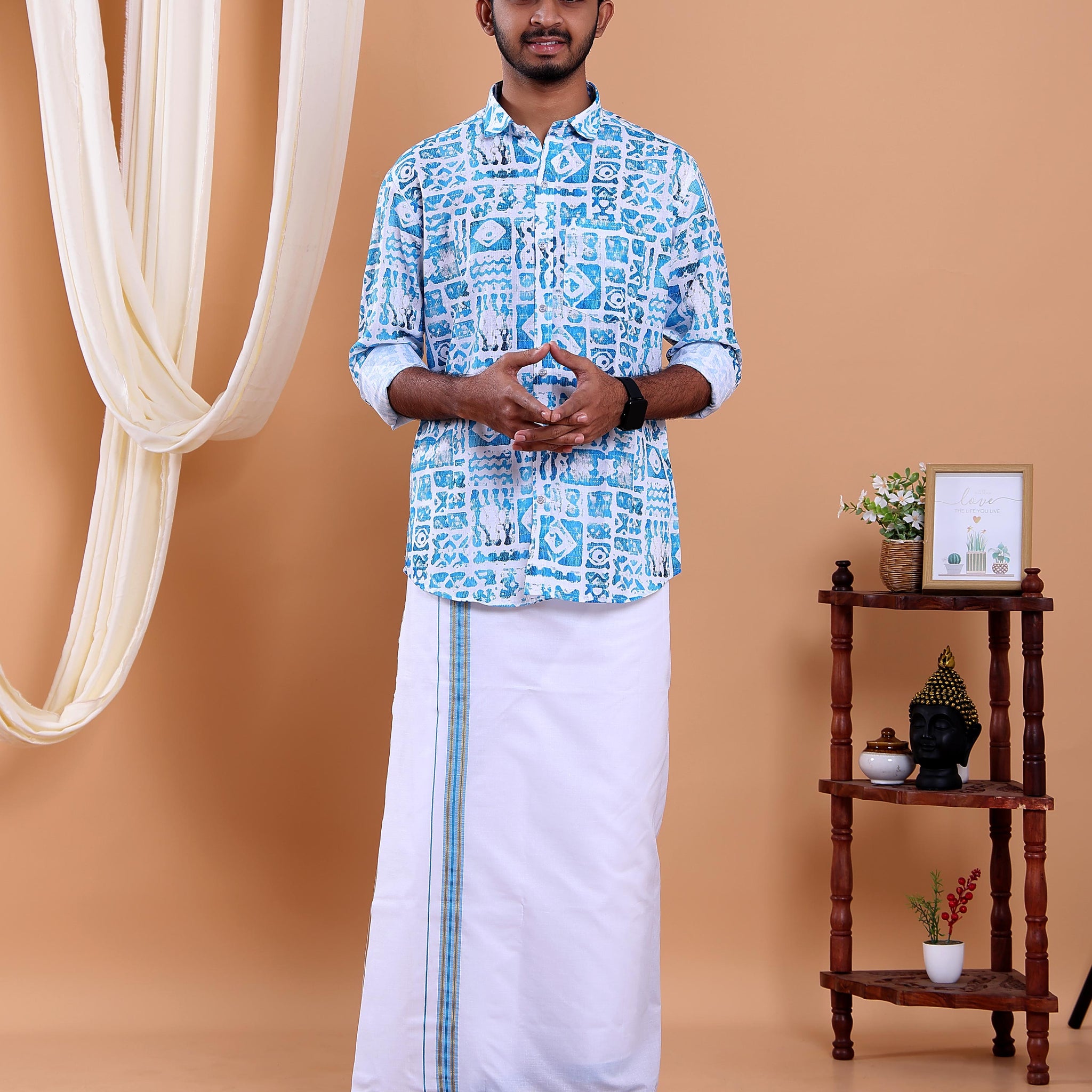 Men's Full Sleeve Shirt and Traditional Dhoti Set with Designer Border - Blue