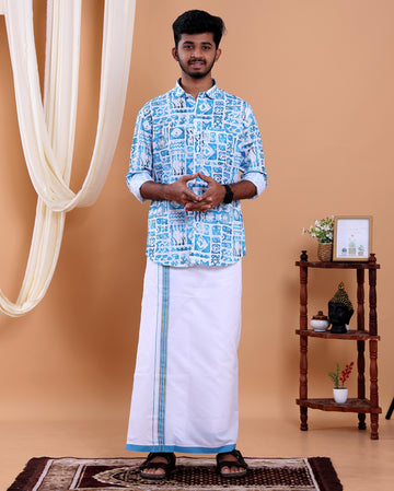Men's Full Sleeve Shirt and Traditional Dhoti Set with Designer Border - Blue