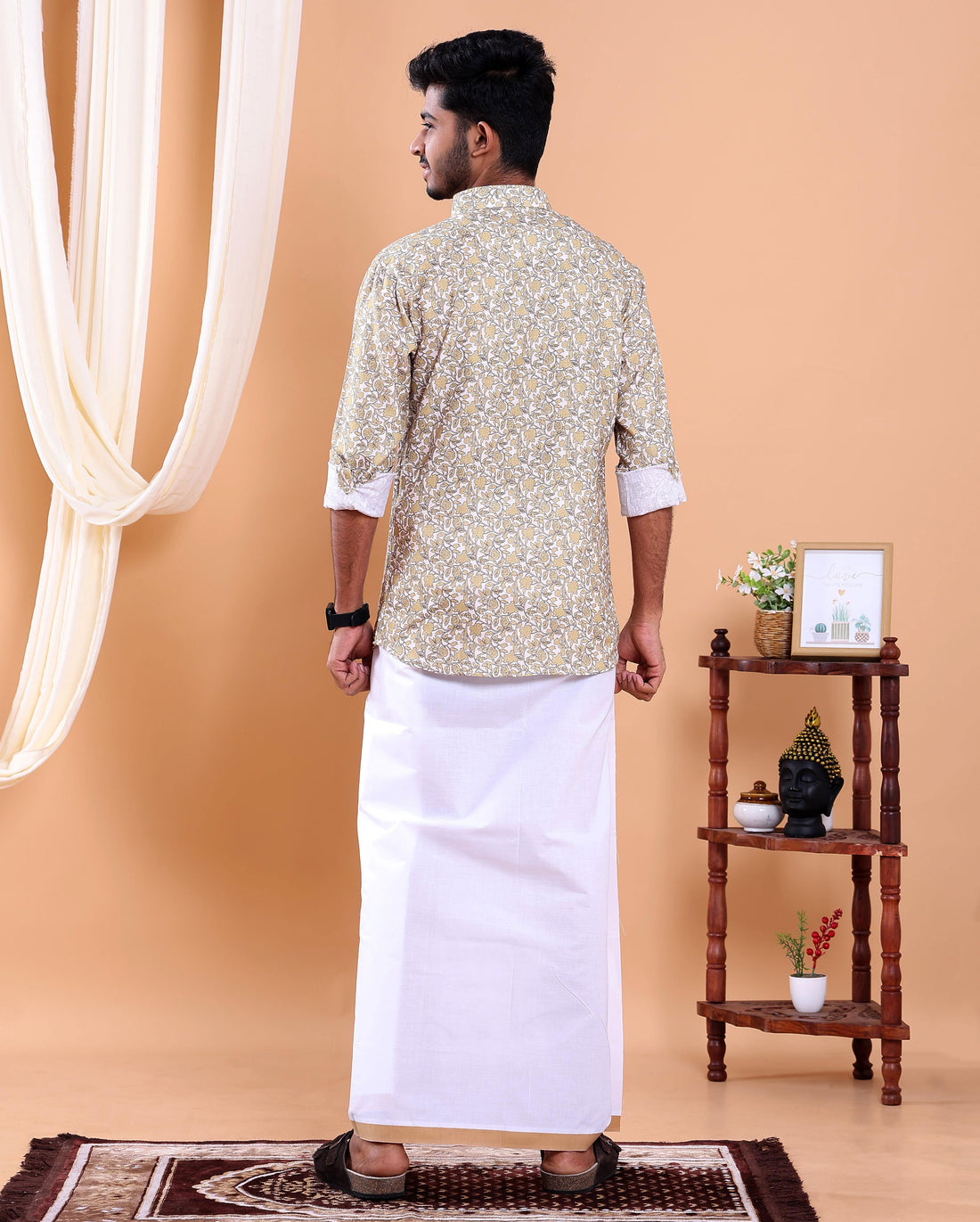 Men's Full Sleeve Shirt and Traditional Dhoti Set with Designer Border - Off White