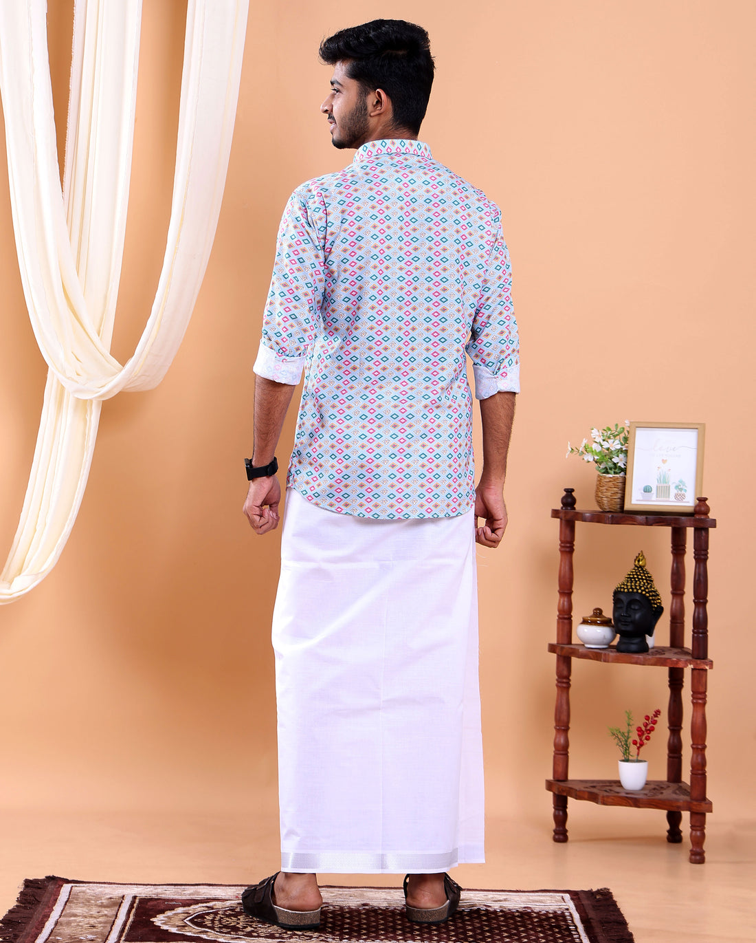 Men's Full Sleeve Shirt and Traditional Dhoti Set with Designer Border - Light Blue