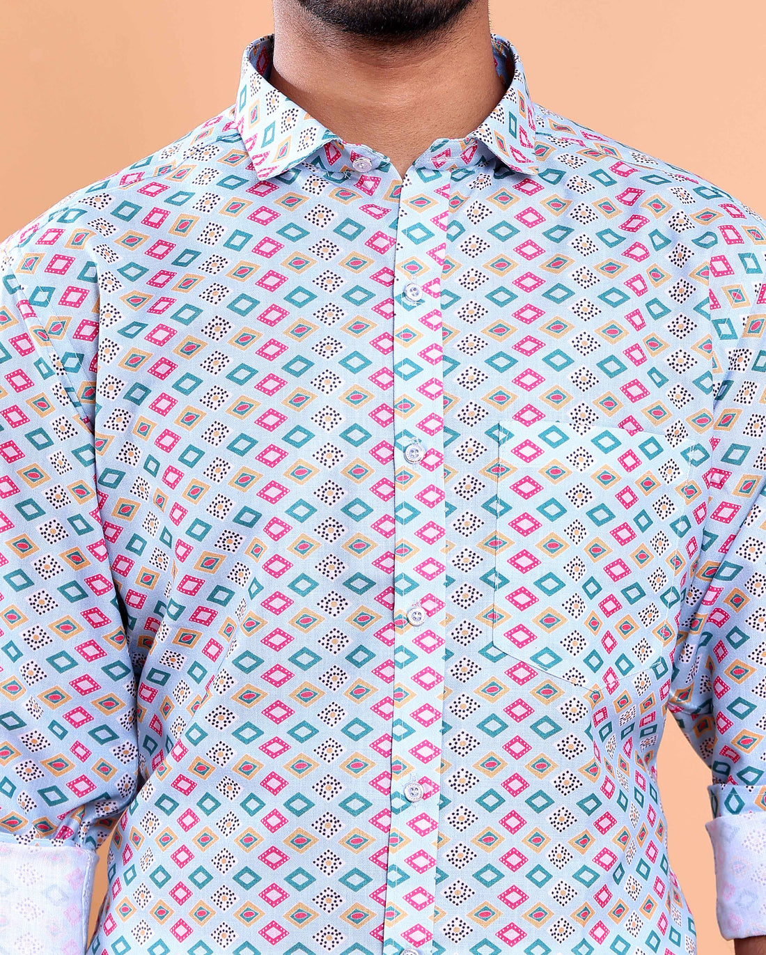 Men's Full Sleeve Shirt and Traditional Dhoti Set with Designer Border - Light Blue