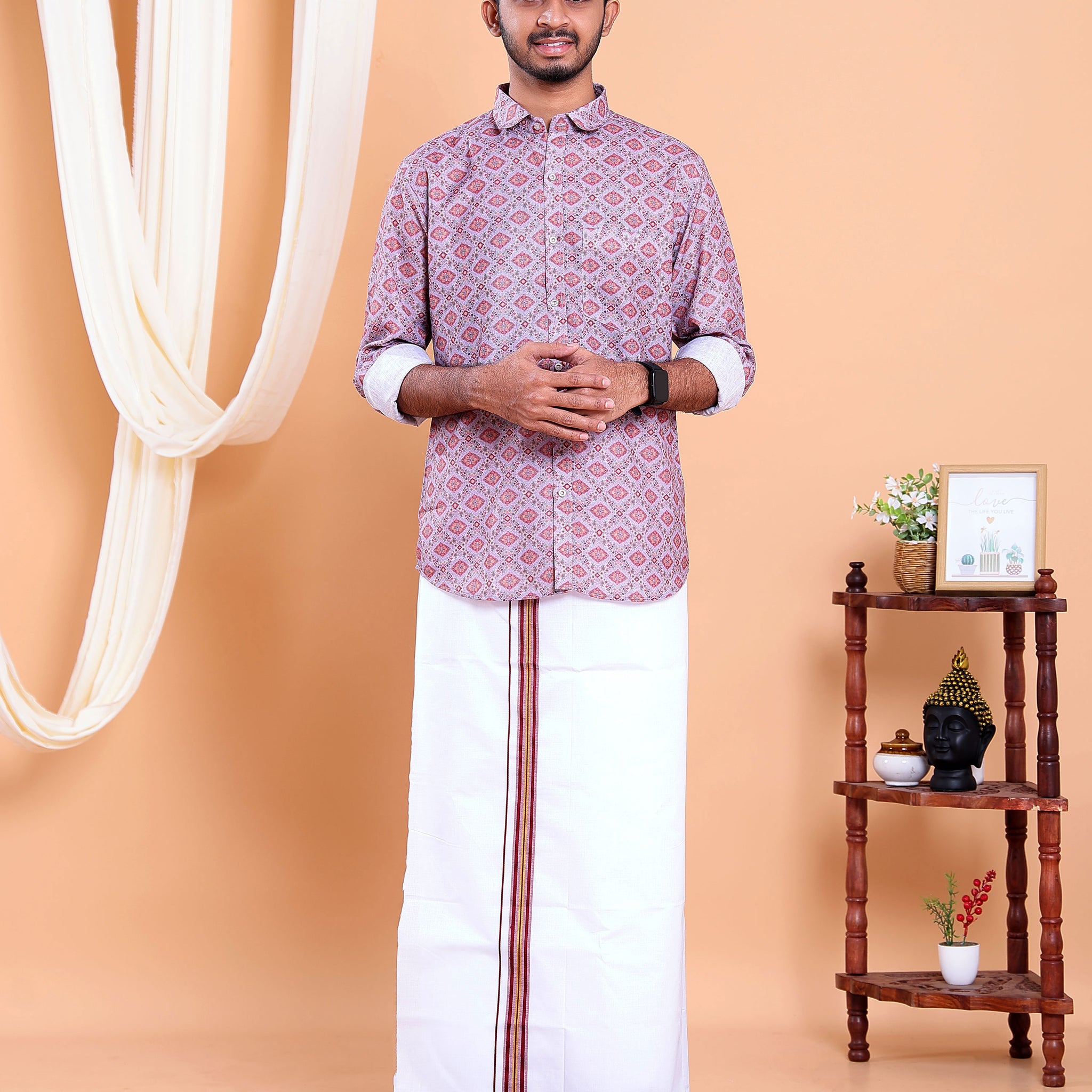 Men's Full Sleeve Shirt and Traditional Dhoti Set with Designer Border - Multi