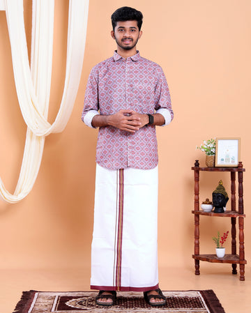 Men's Full Sleeve Shirt and Traditional Dhoti Set with Designer Border - Multi
