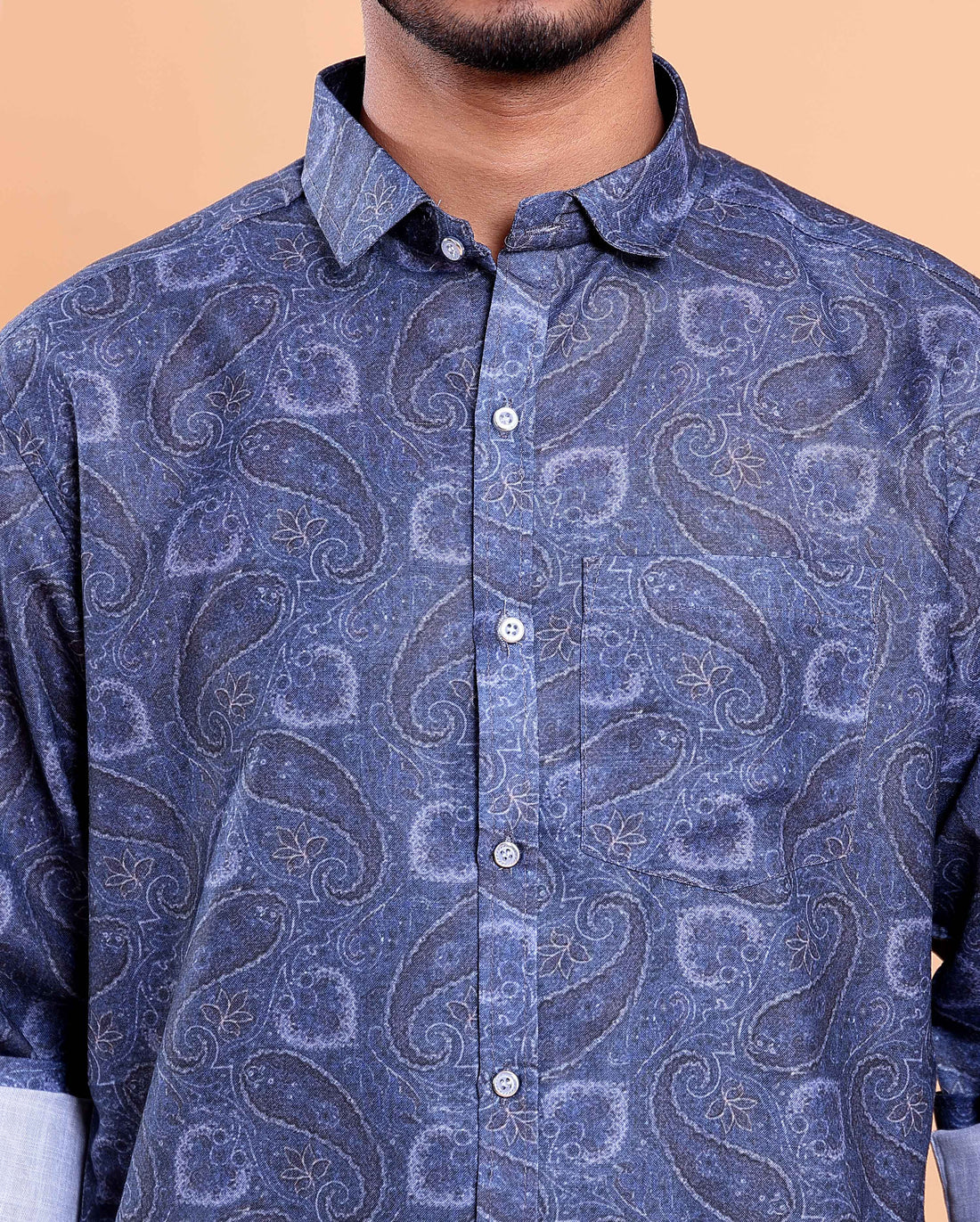 Men's Full Sleeve Shirt and Traditional Dhoti Set with Designer Border - Dark Blue