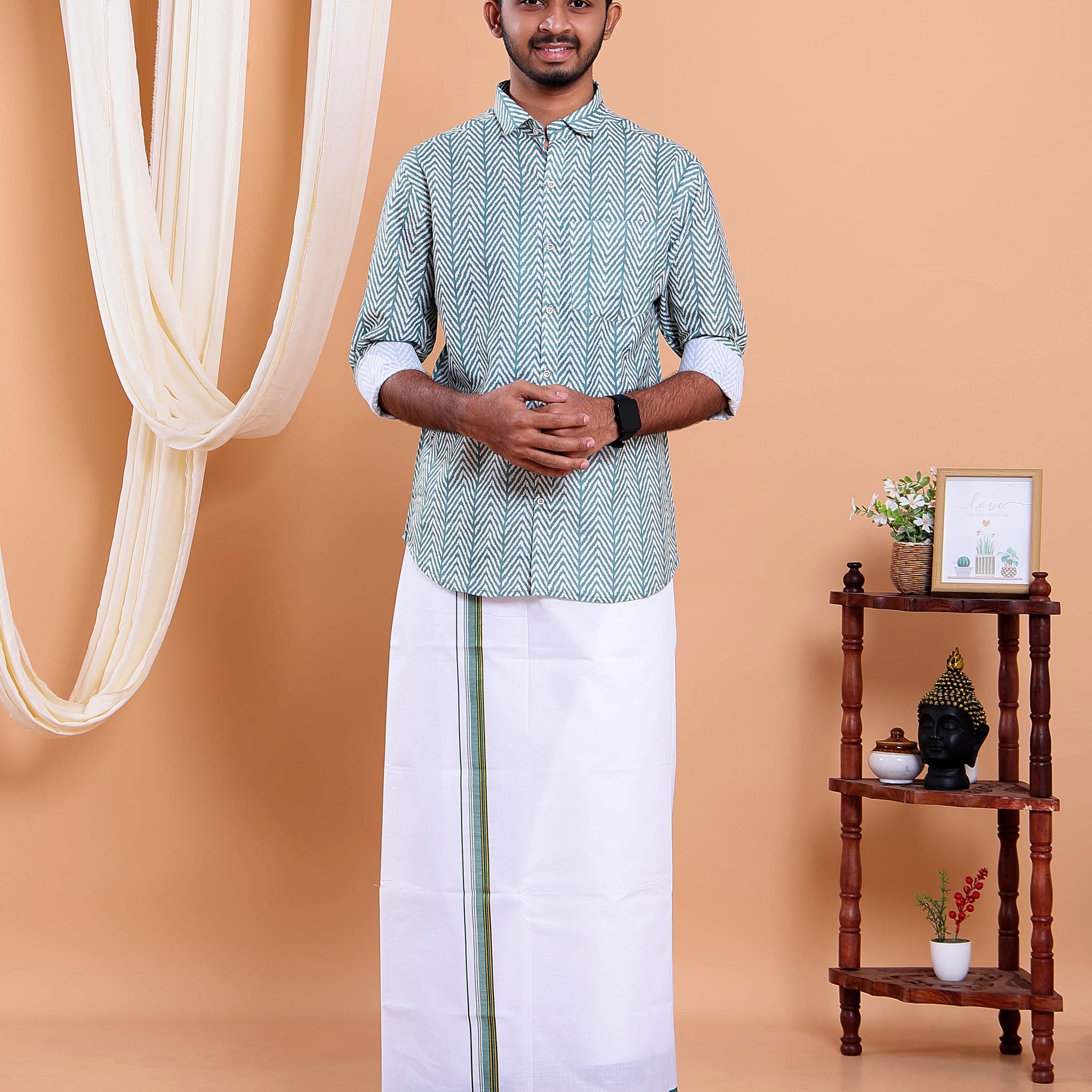 Men's Full Sleeve Shirt and Traditional Dhoti Set with Designer Border - Green
