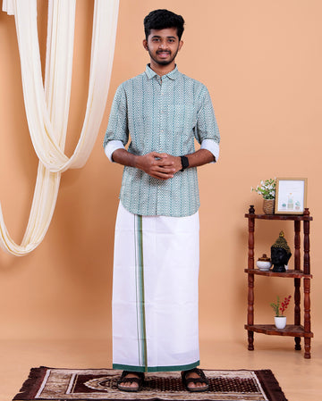 Men's Full Sleeve Shirt and Traditional Dhoti Set with Designer Border - Green