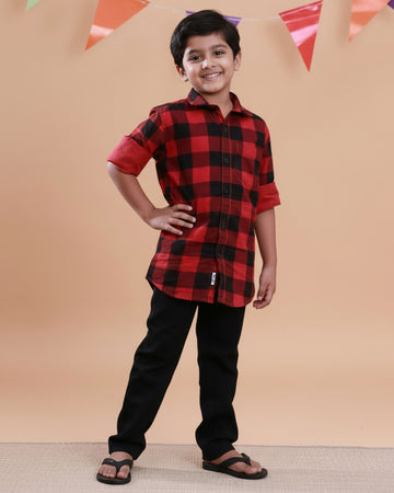 Boys Festive Stylish Checked Patterned Shirt - Red