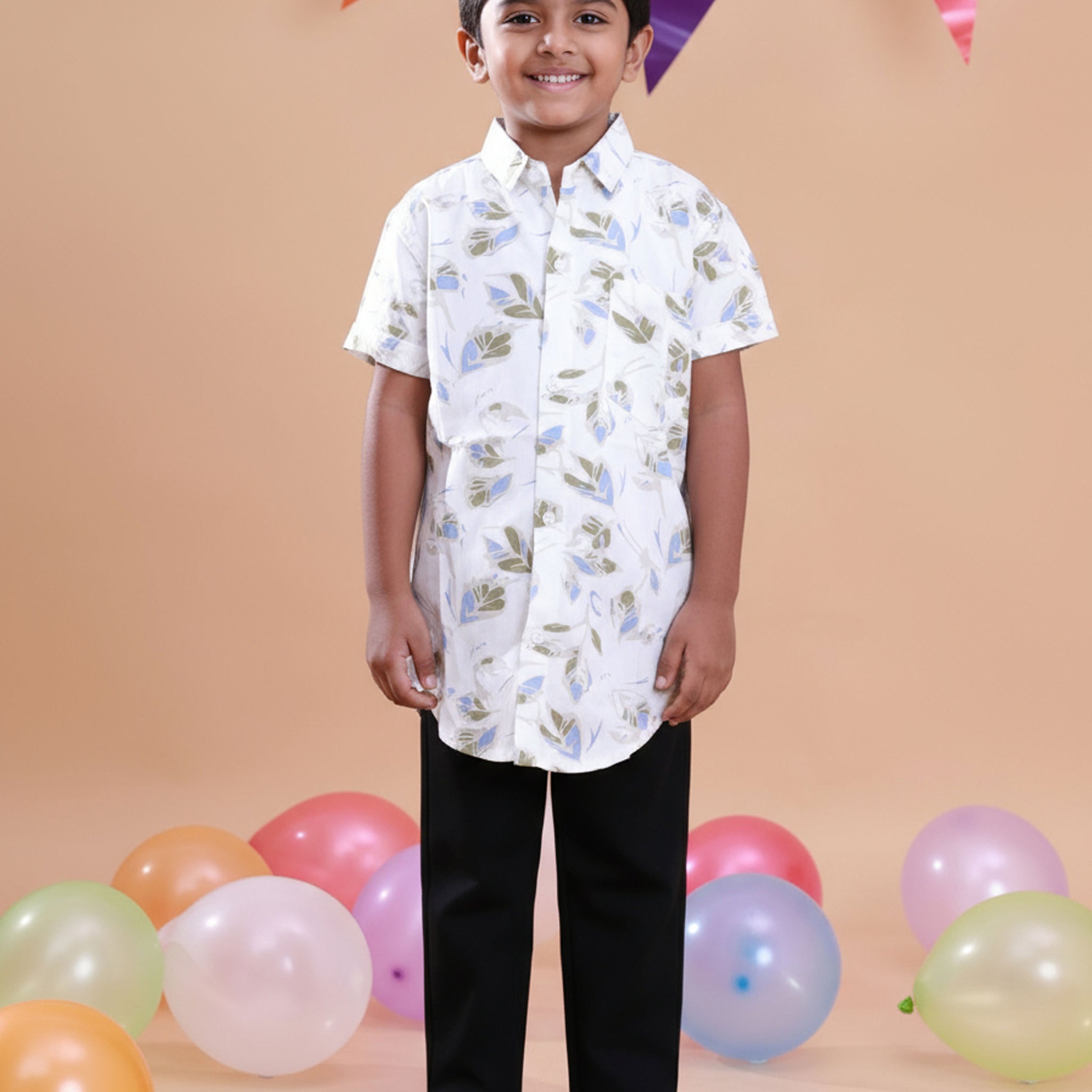 Kids' Floral Print Short Sleeve Shirt - White