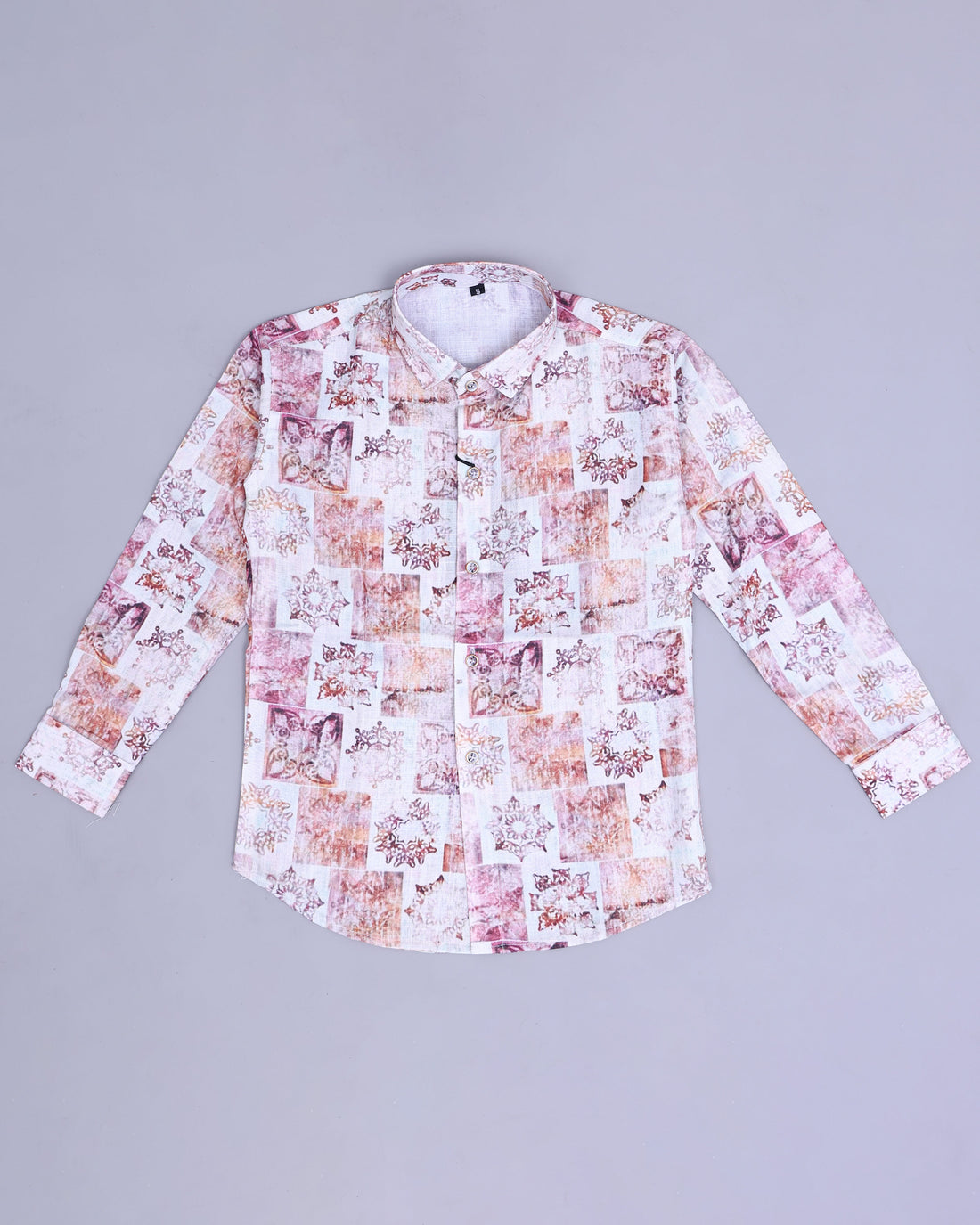 Boys Printed Long Sleeve Button-Down Shirt with Geometric Patchwork Design and Classic Collar - Multi