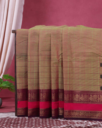 Elegant Chettinad Cotton Saree with Half and Half Checks and Stripes Along with Rich Zari Border - Dark Mustard